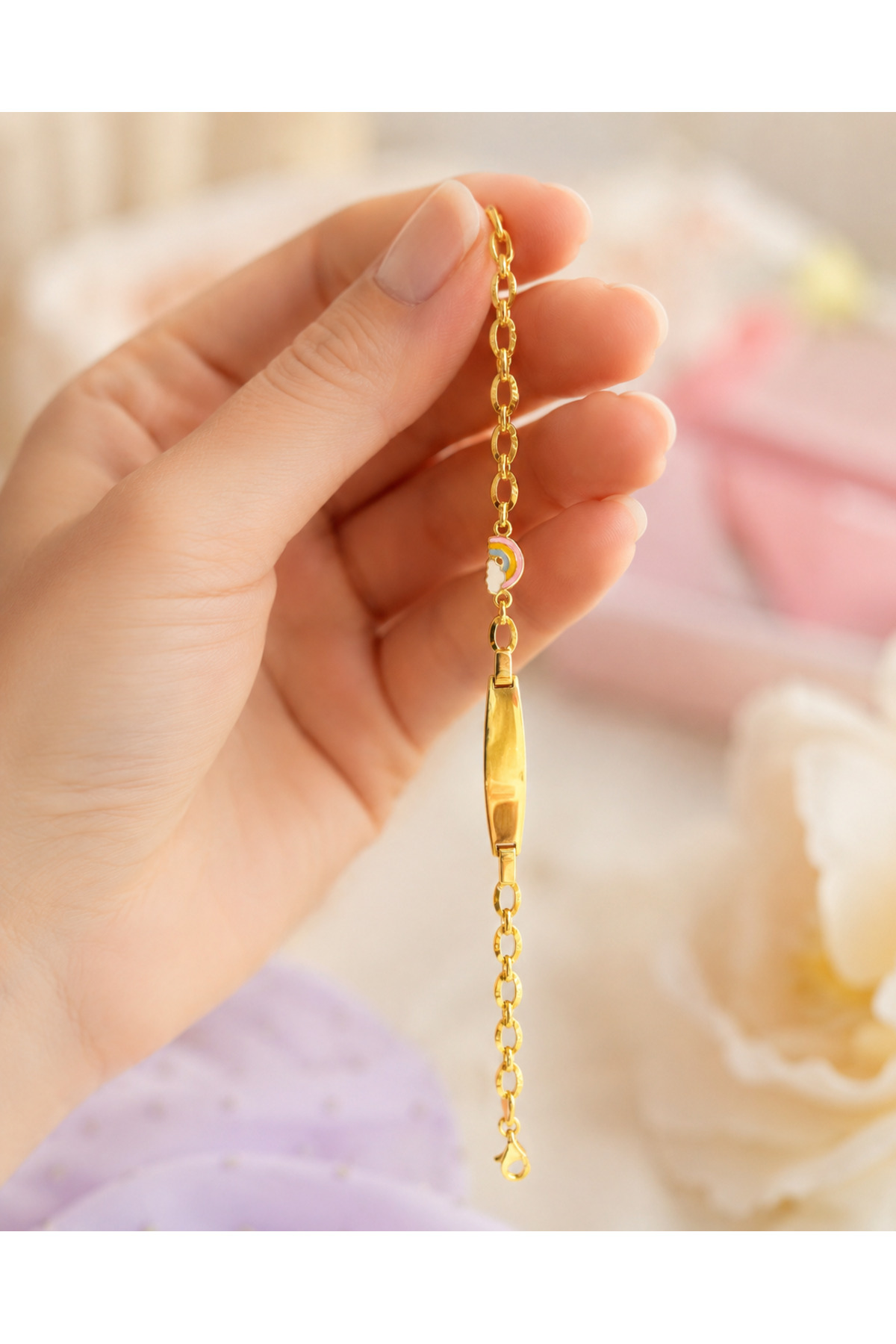 14 Ayar Altın Mineli Bulut ve Gökkuşağı Detaylı Çocuk Künye Bileklik